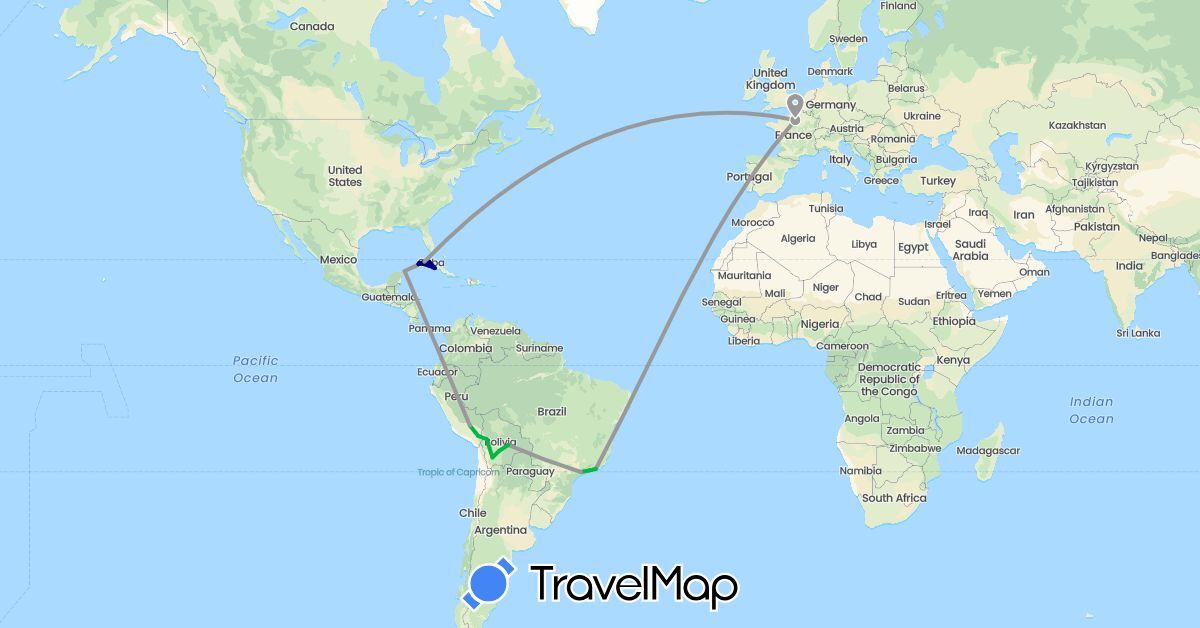 TravelMap itinerary: driving, bus, plane in Bolivia, Brazil, Cuba, France, Mexico, Peru (Europe, North America, South America)